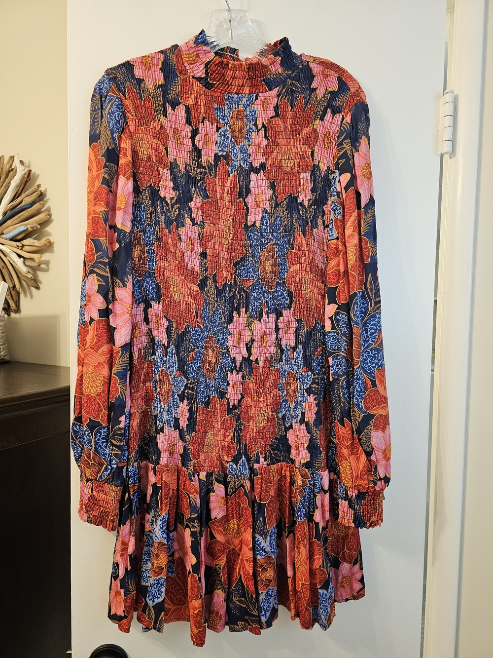 Farm Rio Smocked Floral Long-Sleeve Red Navy Garden Mini Dress, SZ S BNWT